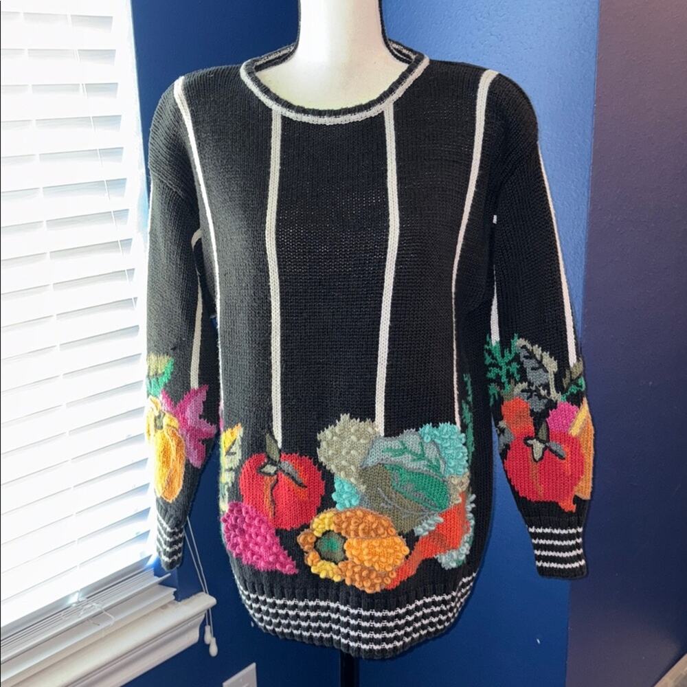 Vintage Mariea Kim 1980s Sweater – Navy Blue with White Stripes & Autumn Harvest